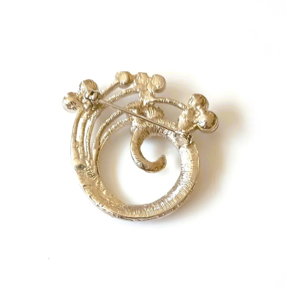 Vintage Floral Swirl Pave Brooch Silver Tone Clear Stone Sparkle Pin Jewelry